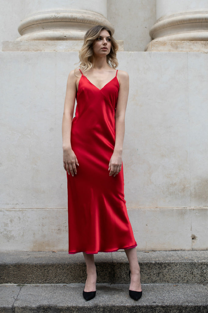 red silk slip dress