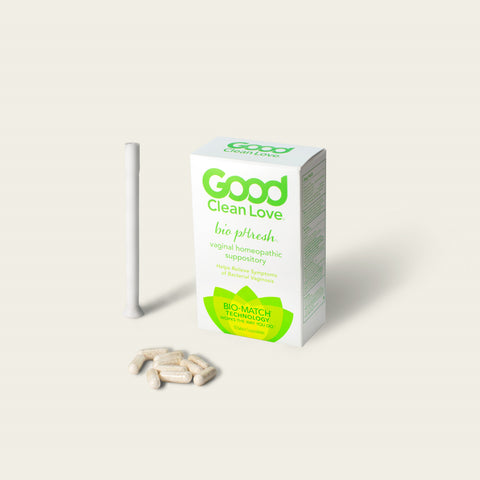 Product image including Good Clean Love's BiopHresh, a homeopathic vaginal suppository.