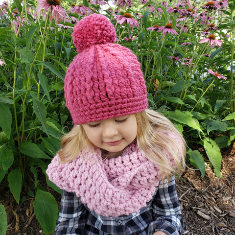 Two Seaside Babes 2019 Fall Collection - Pink Blossom Infinity Scarf & Raspberry Pink Pom Beanie