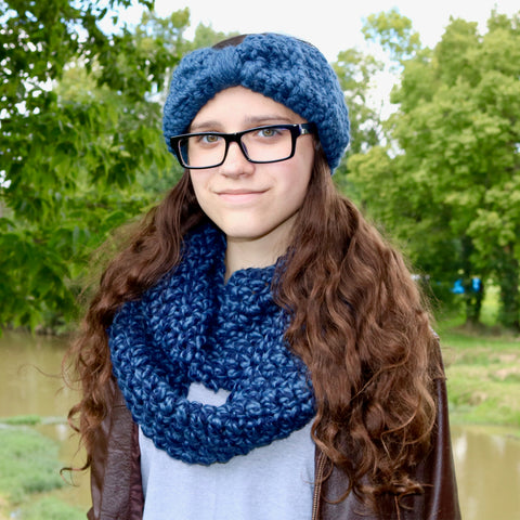 Two Seaside Babes 2019 Fall Collection - Denim Twist Infinity Scarf & Denim Blue Knotted Bow Winter Headband