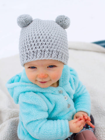 Pale gray mini pom pom hat by Two Seaside Babes