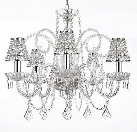 Empress Crystal (Tm) Chandelier Lighting With Chrome Sleeves And Crystal Shades H25" X W24"Swag Plug In-Chandelier W/ 14' Feet Of Hanging Chain And Wire - A46-B15/B32/B43/385/5