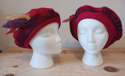 wool berets with tweed and dyed feather embellishments