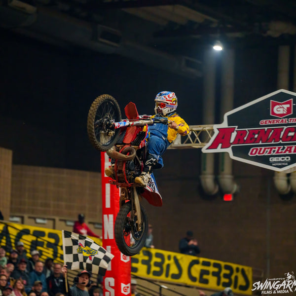 RonnieMac at the Arenacross event doing an air wheelie