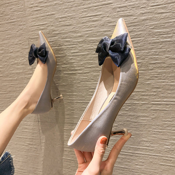 Fashion bow knot low-fronted pointed heels