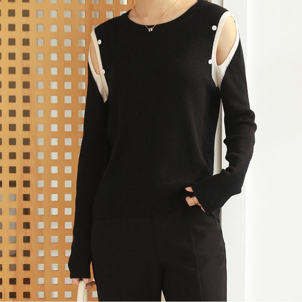 Chic hollow out long sleeve crew neck sweaters