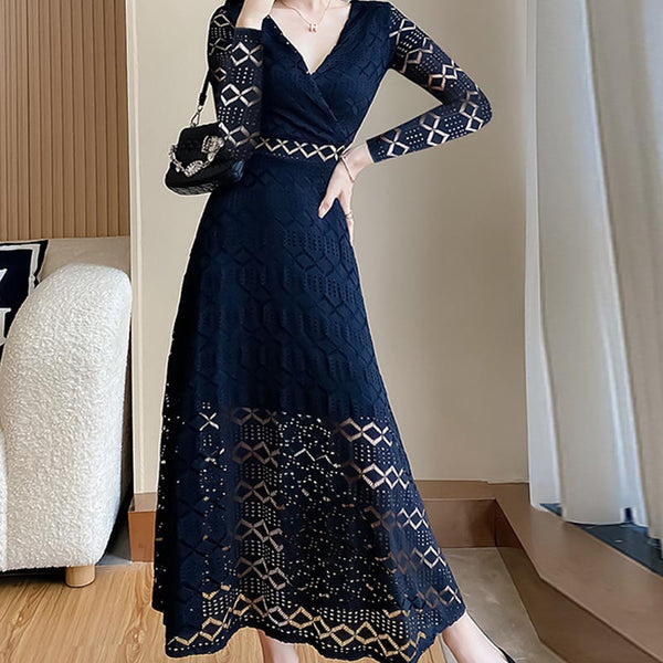 Elegant lace v-neck long sleeve maxi dresses