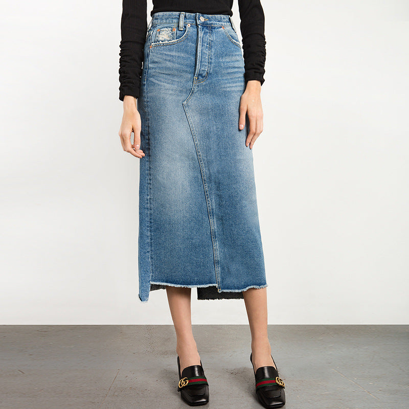 ripped denim midi skirt