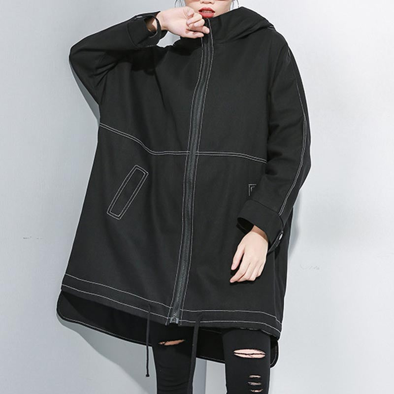 Hooded solid zipped loose versatile coats