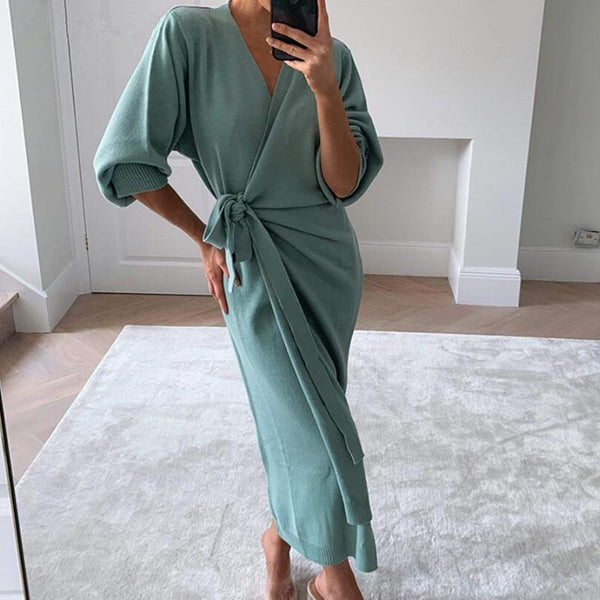 V-neck solid knitted maxi dresses