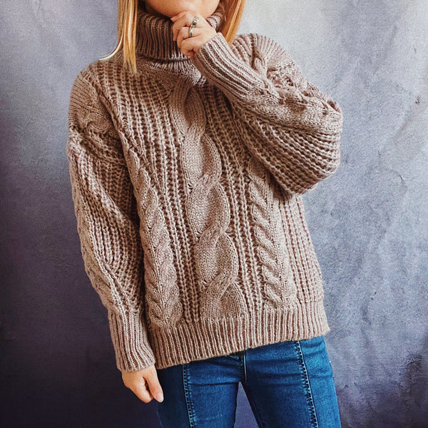 Solid cable knit high neck loose sweaters