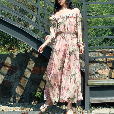 Off-the-shoulder elastic waist floral maxi dresses