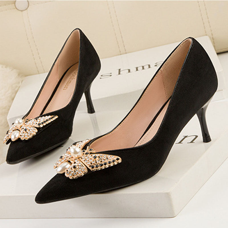 Pearl diamond butterfly embellished pointed toe heels