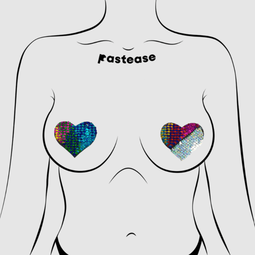 Love: Rainbow & Silver Glitter Color Changing Sequin Heart Nipple Pasties