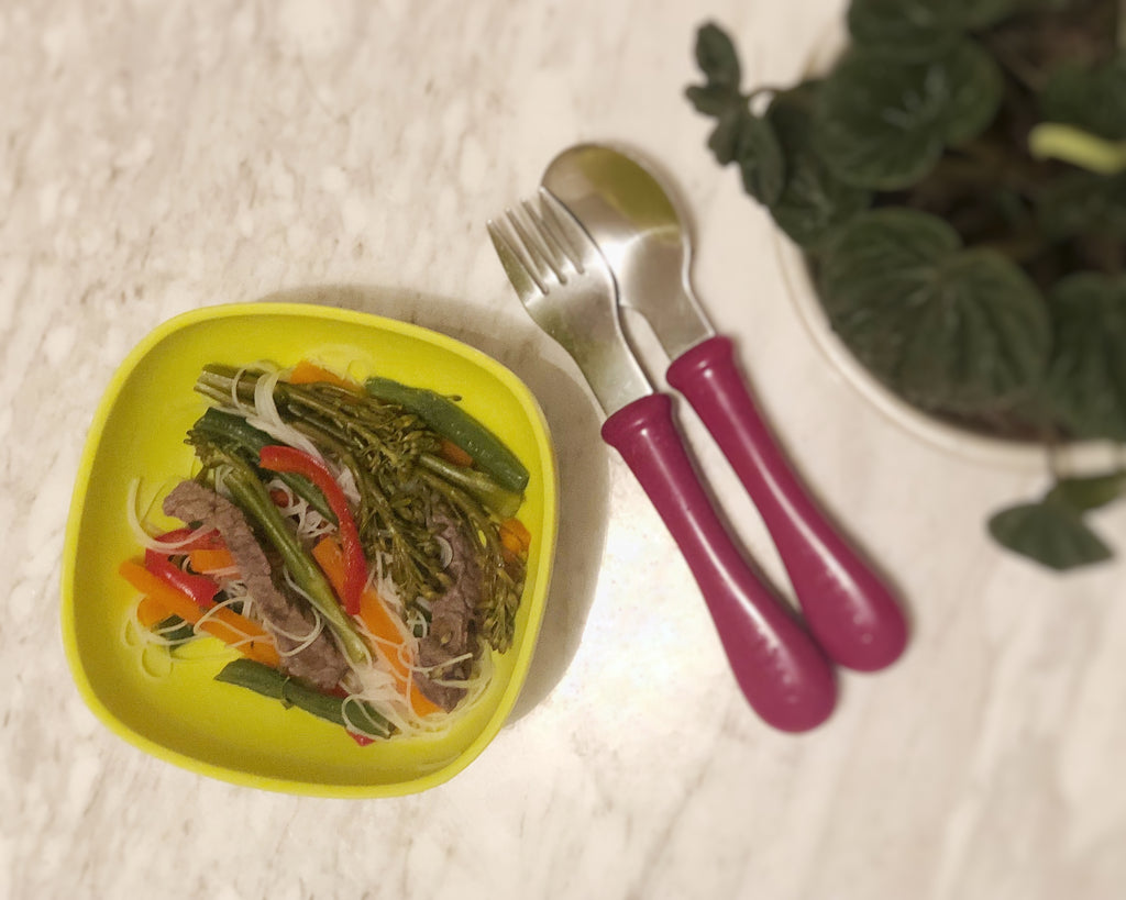 Beef Stir Fry served in Silicone bowl with Beaba cutlery