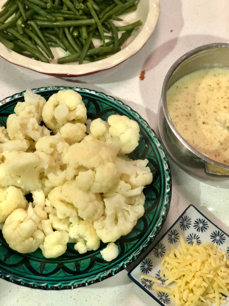 Cheesy Cauliflower and Steamed Beans