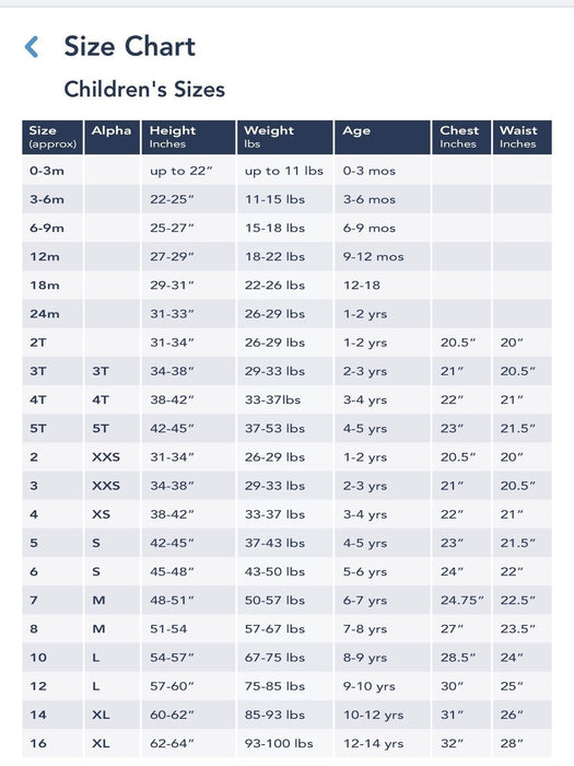 disneyland spirit jersey size chart