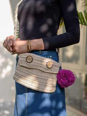 Hand knotted Macrame Round Sling Bag - Crimson