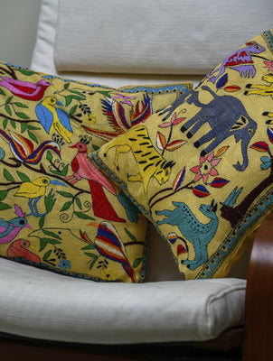 Intricate, fine Kantha Embroidered Cotton Cushion Covers - Jungle Safari (Set of 2)