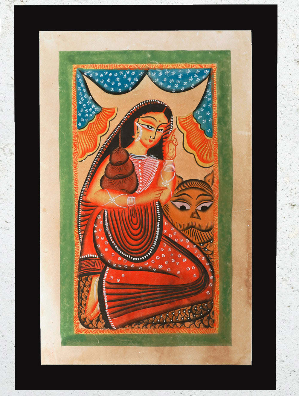 Large Kalighat Painting With Mount - Goddess Durga (25