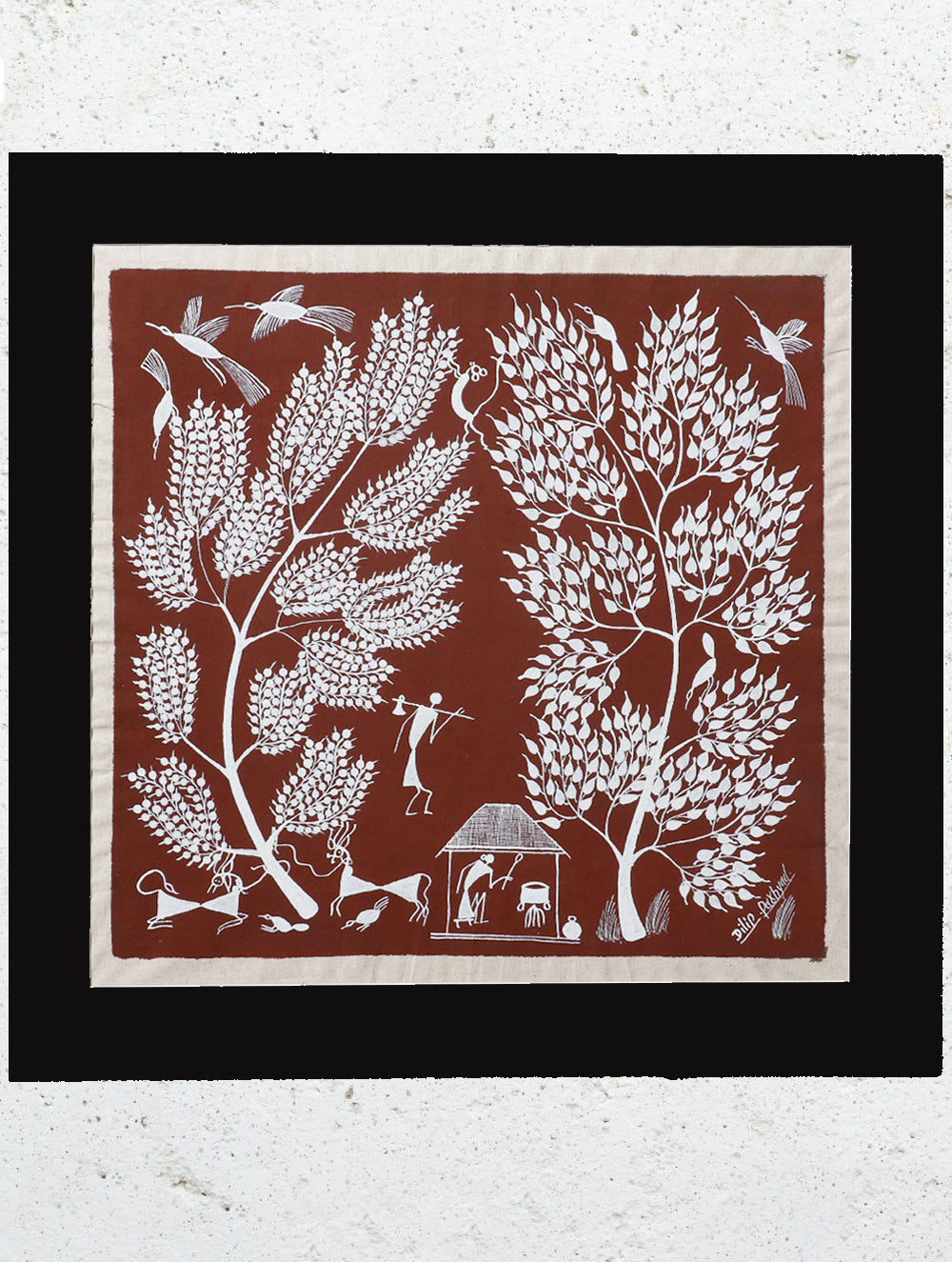 Large Warli Painting With Mount Village Scene 16x15 5   LargeWarliPaintingWithMount VillageScene 16 X15.5  SVWPC 