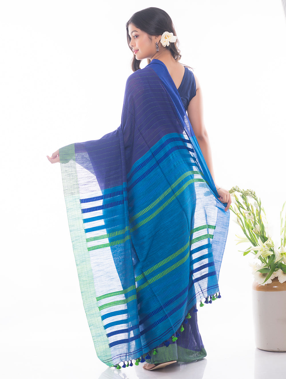 Soft Bengal Handwoven Khadi Cotton Saree - Blue & Green