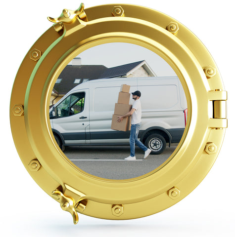 Person on delivery as seen thru a porthole.