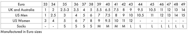 Size Chart for Gill Footwear.