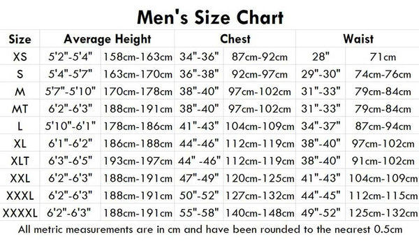 Size Chart for Gill Mens products.