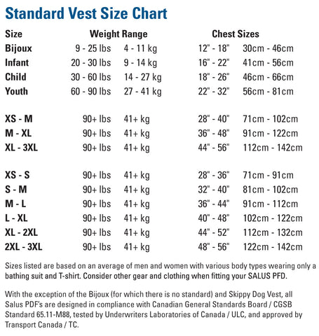 Salus vest size chart.