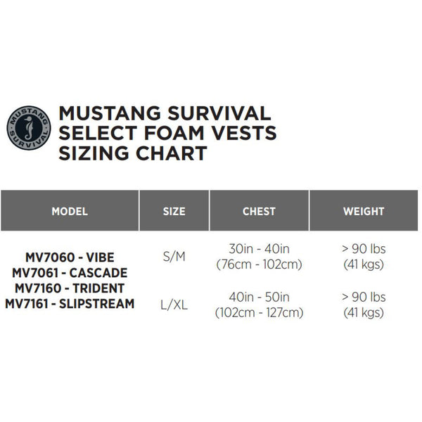 Mustang size chart for foam vests.