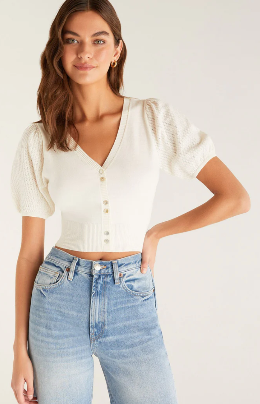 Basil Button Front Puff Sleeve Top