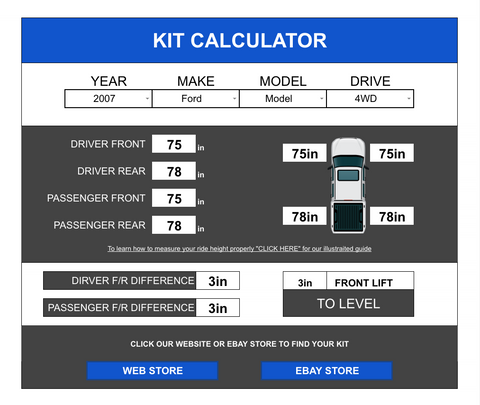 WULF SUSPENSIONS KIT CALCULATOR FORD DODGE RAM GMC CHEVY CHEVROLET JEEP TOYOTA NISSAN 