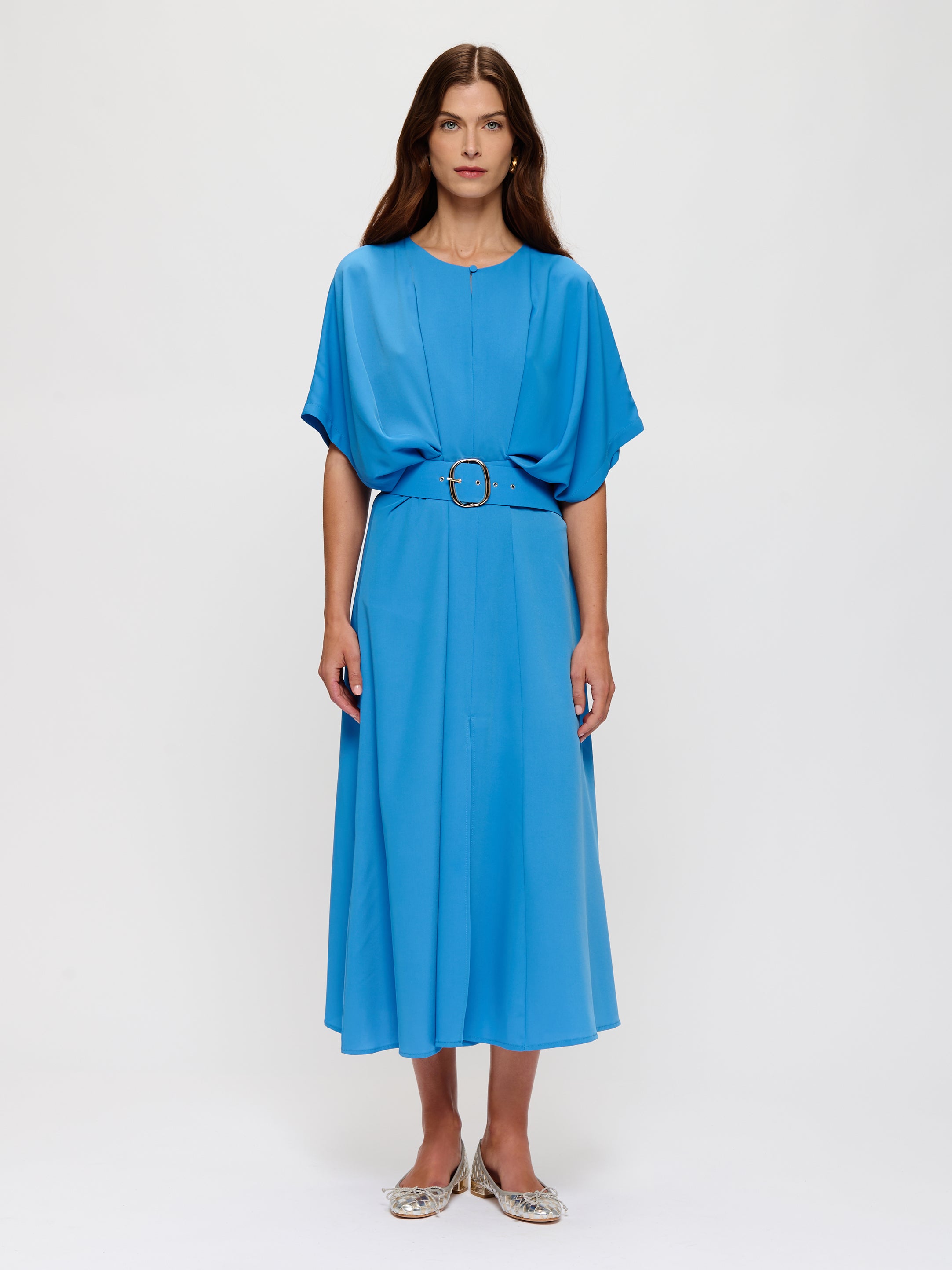 Belted Midi Dress with Front Slit