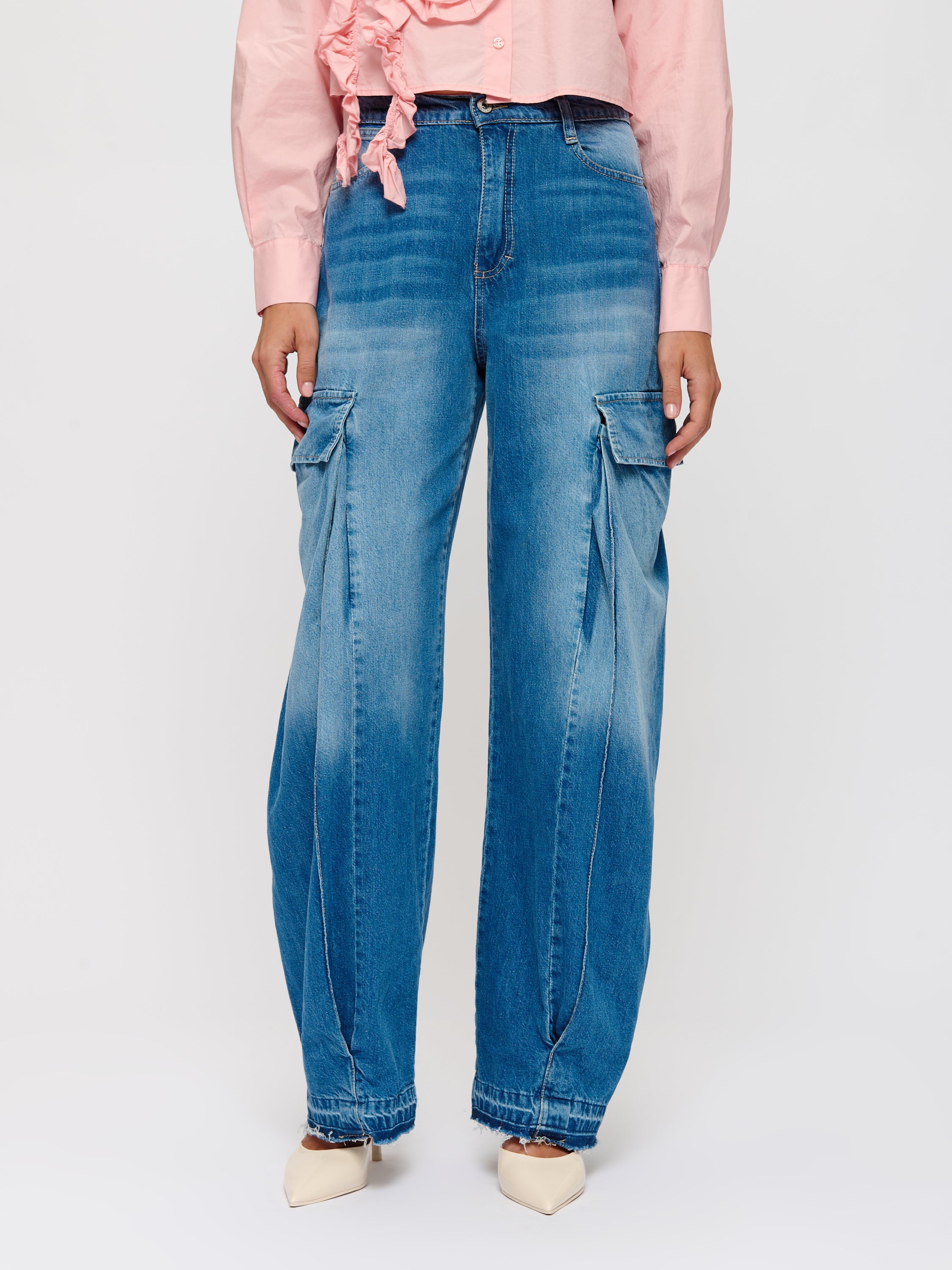 Wide Leg Denim Pants With Darts