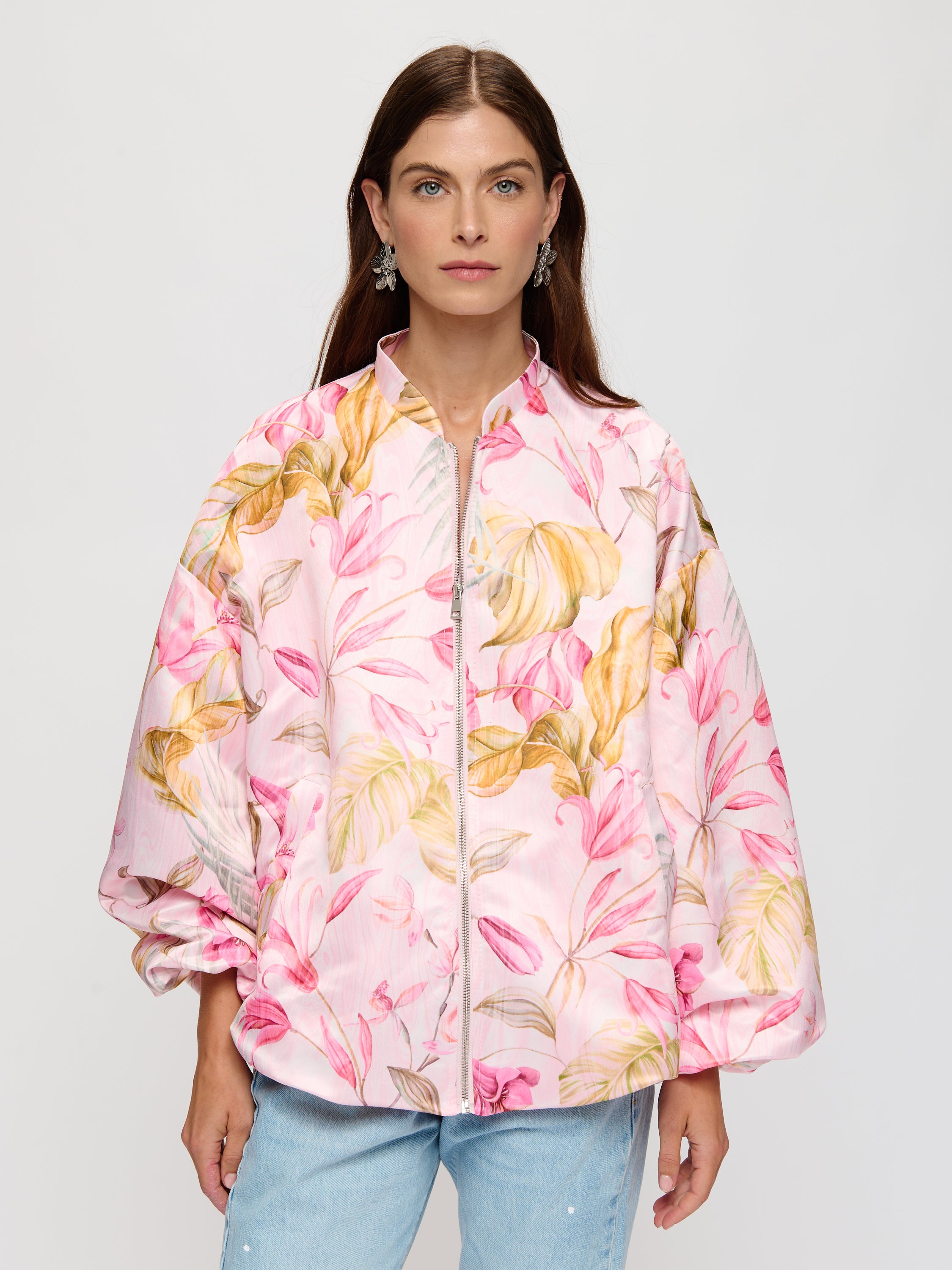 Oversized Gathered Printed Bomber Jacket