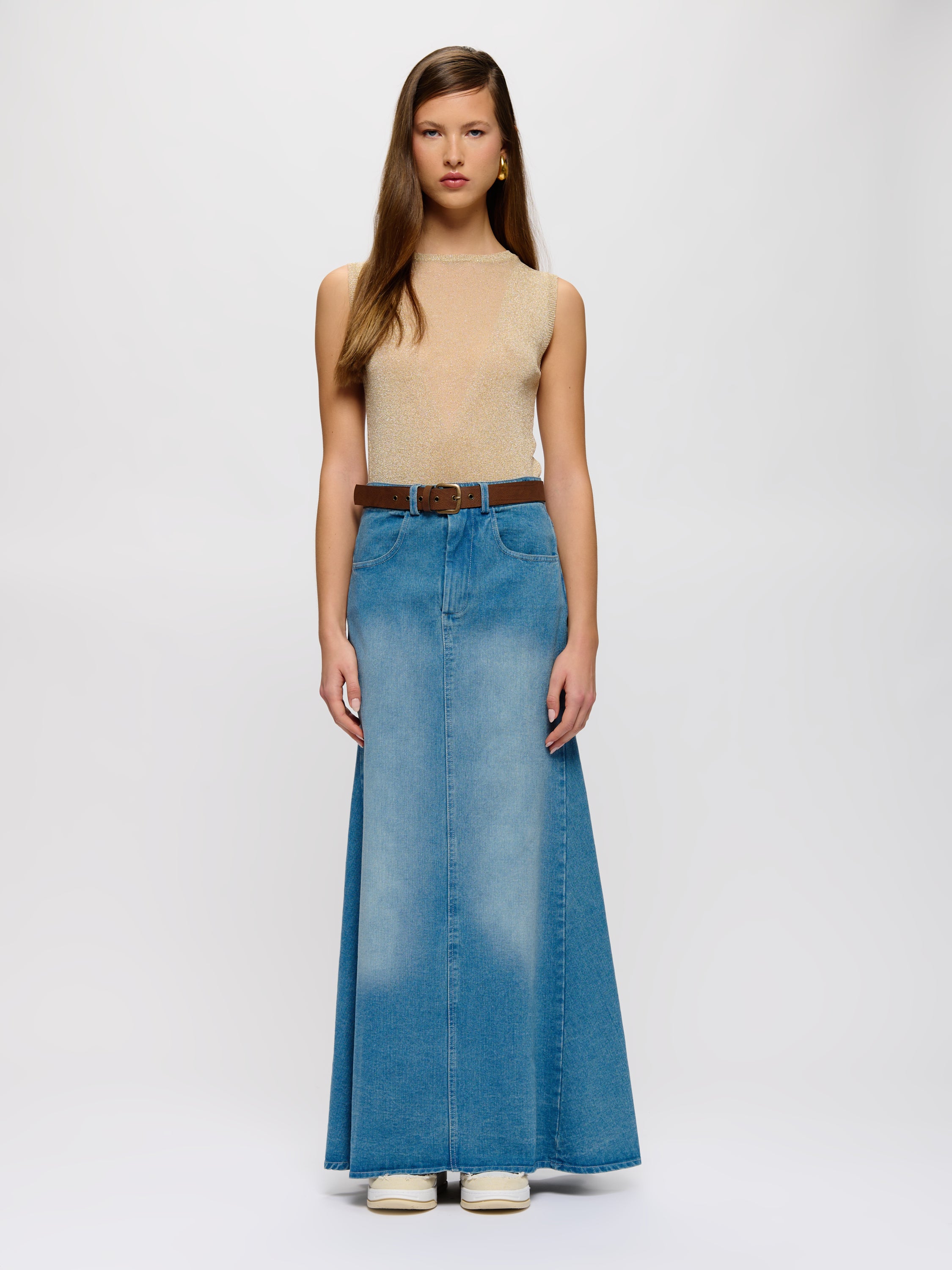 Belted Denim Maxi Skirt