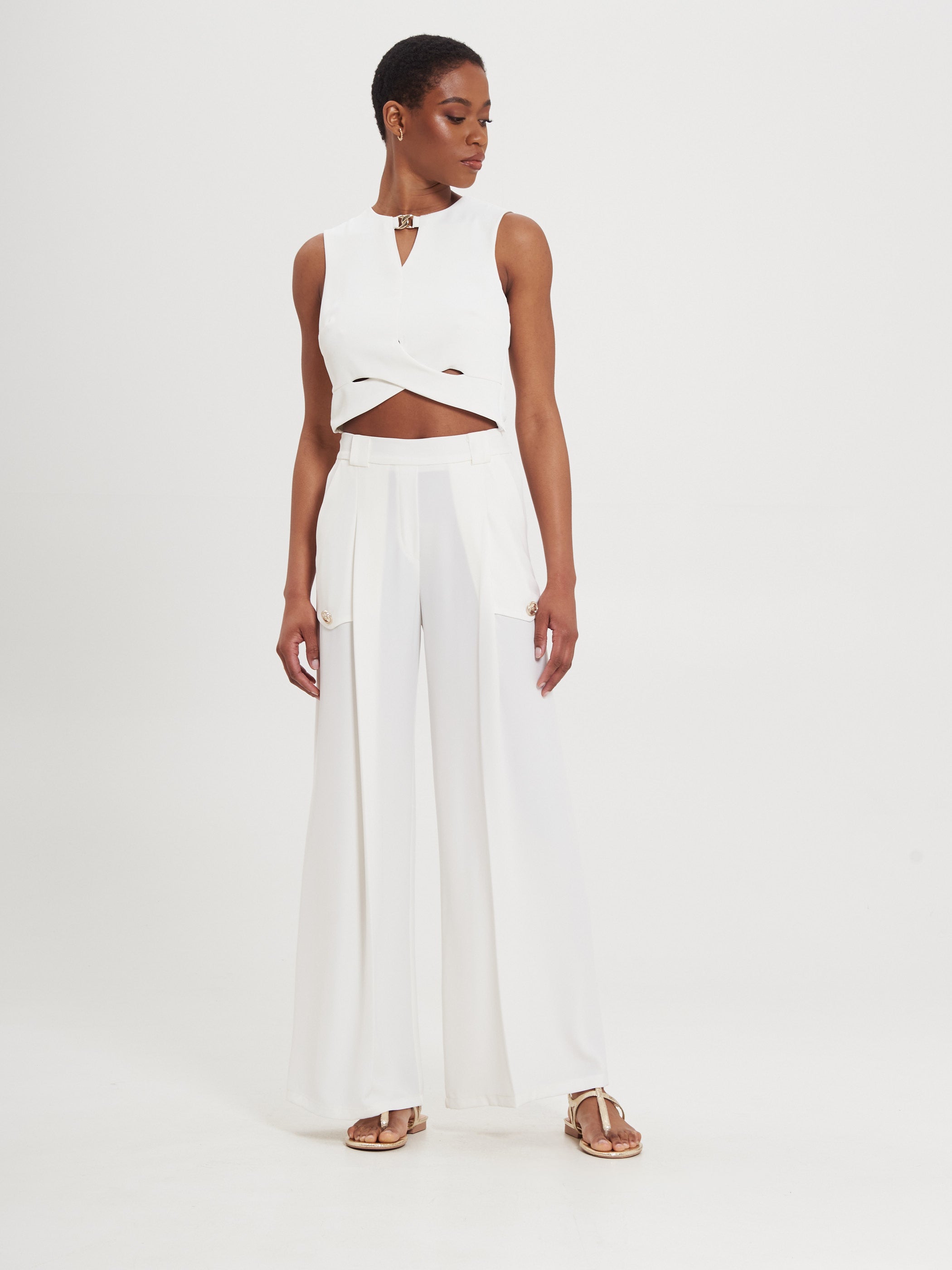 Ivory Flowy Trousers with Buttons