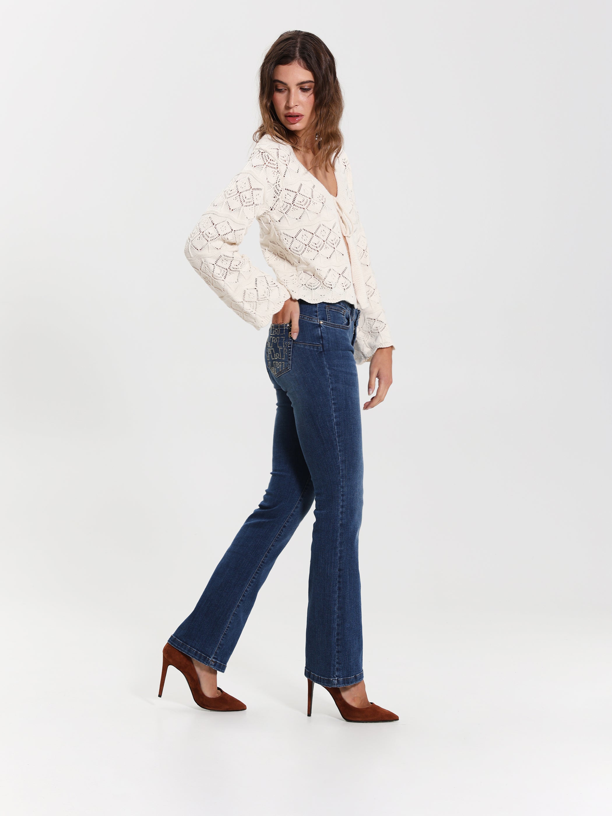 Flared Jeans with Rhinestone Pocket