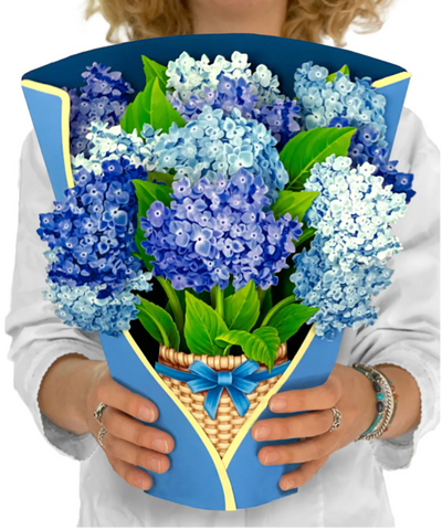 Fresh cut paper bouquet: Blue Hydrangeas in pop up card