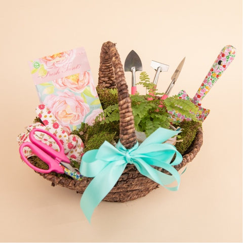 Adult easter basket themed with garden tools and fresh cut peony sachet