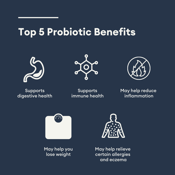 Top 5 probiotic benefits including digestive health, immune health, weight loss, inflammatory support, and certain allergies