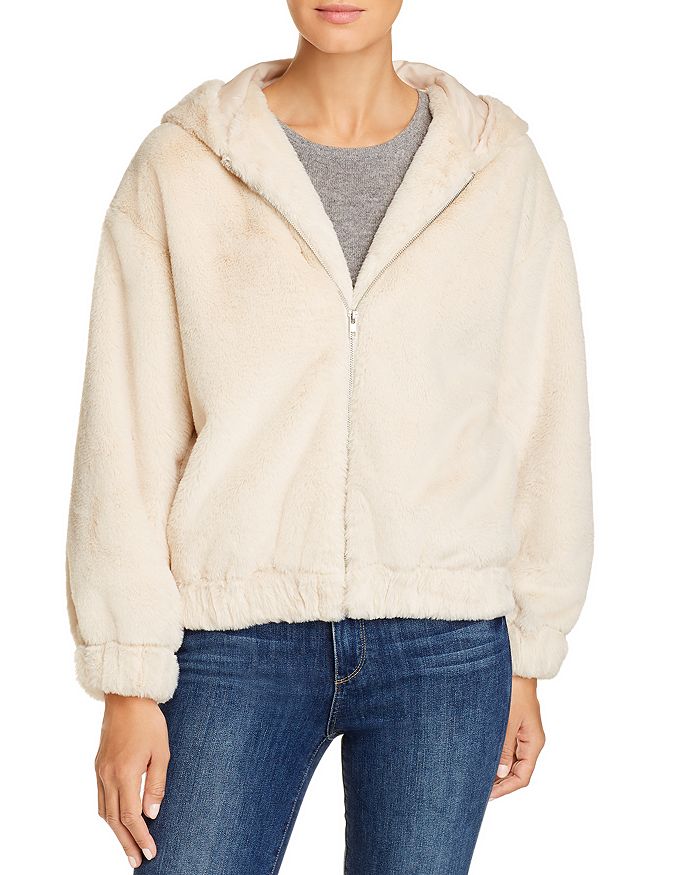 Ivory Faux Fur Zip Up Hoodie Jacket at Maria Vincent Boutique