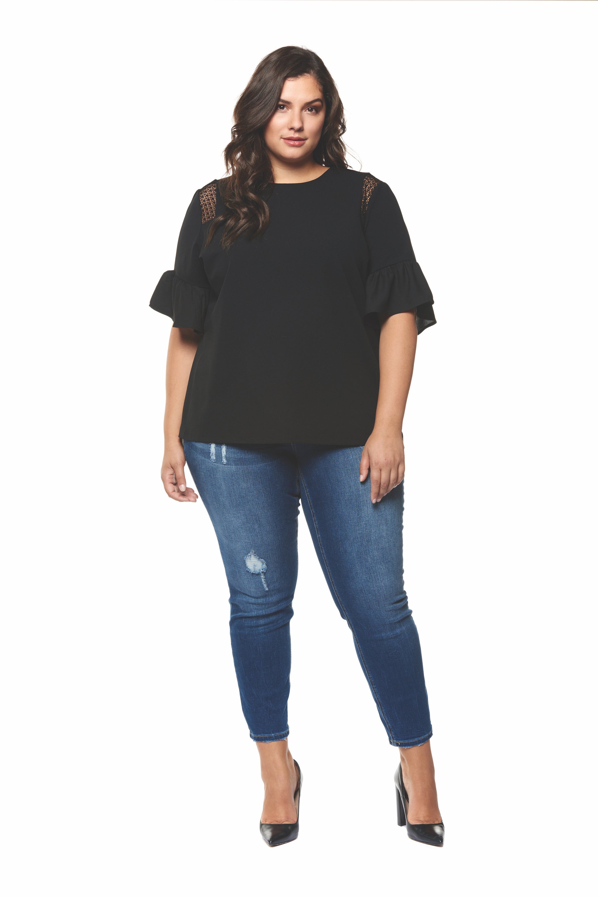 Plus Size Black Ruffle Short Sleeve Top 