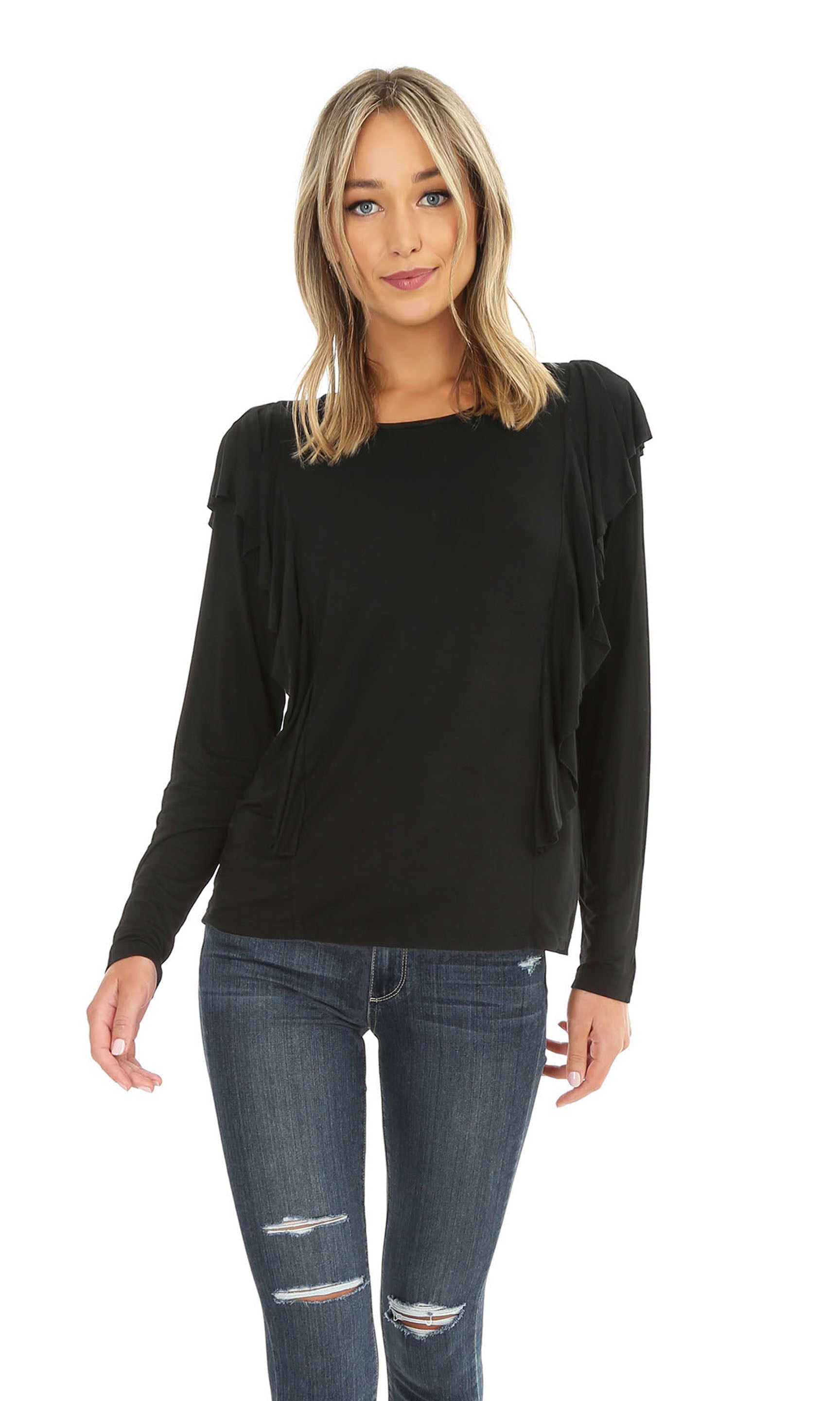 black long sleeve ruffle top