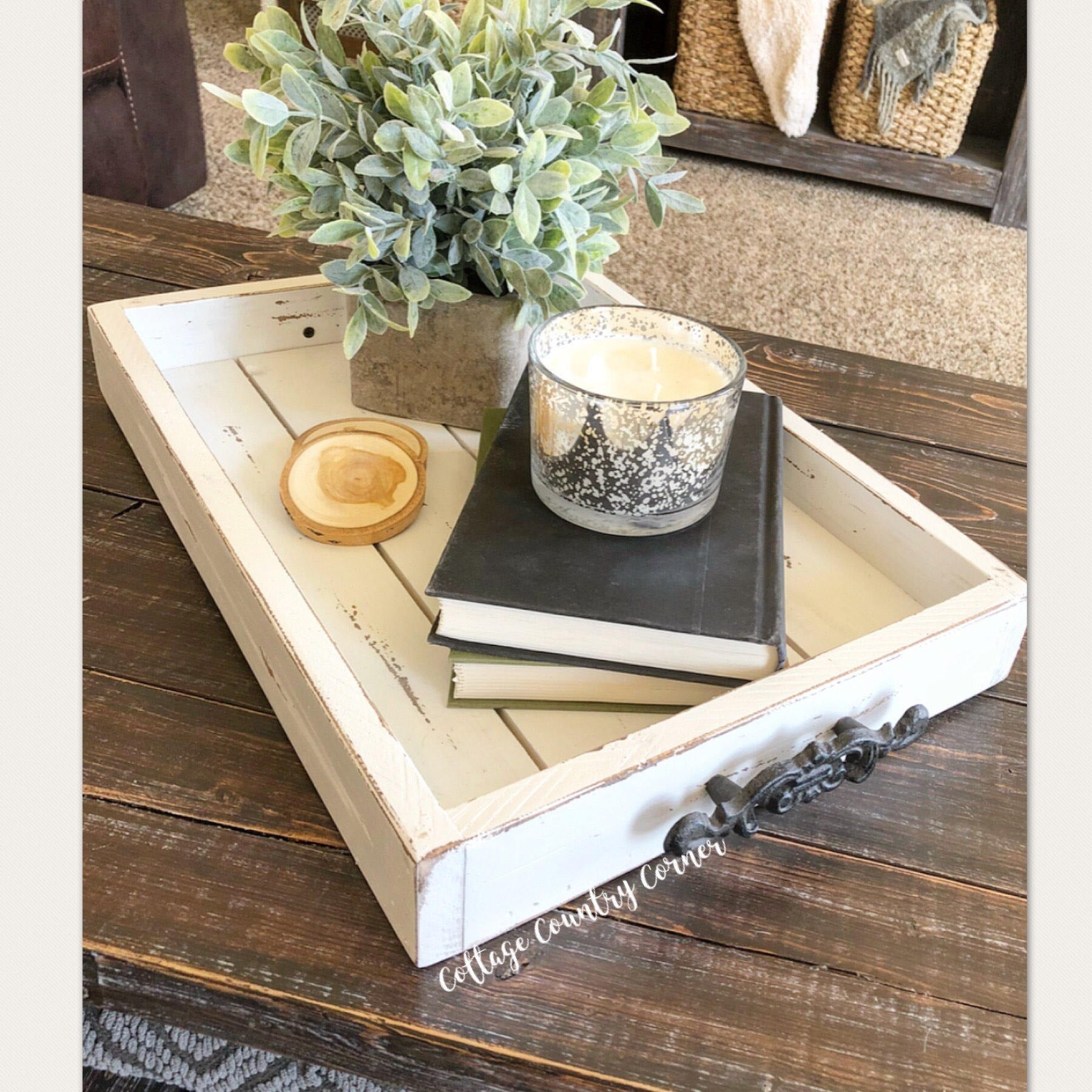 14x20 Wooden Decorative Tray With Metal Handles Cottage Country