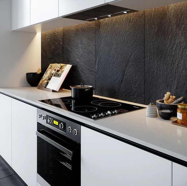 Modern Minimalist kitchen with black highlight wall closeup