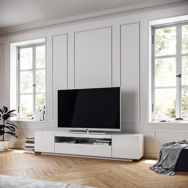 White TV Stand - White Modern SAMSO TV Cabinet in loft style apartment