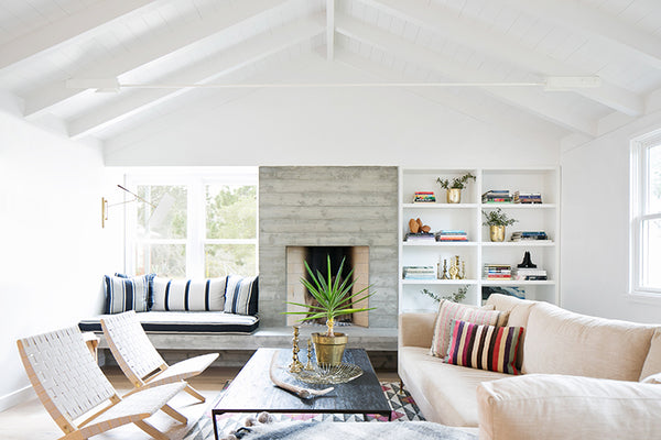 Exposed white wooden beams in ceiling