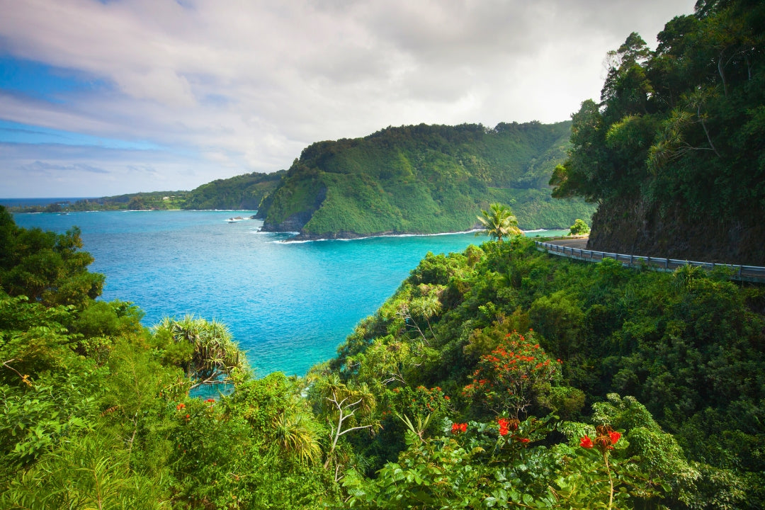 Maui cliffside highway blue ocean green mountains